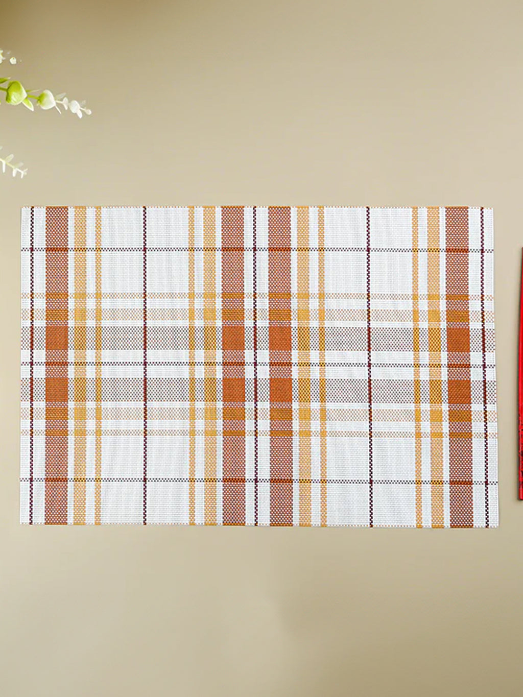 Brown & White Plaid Table Mat with Textured Weave