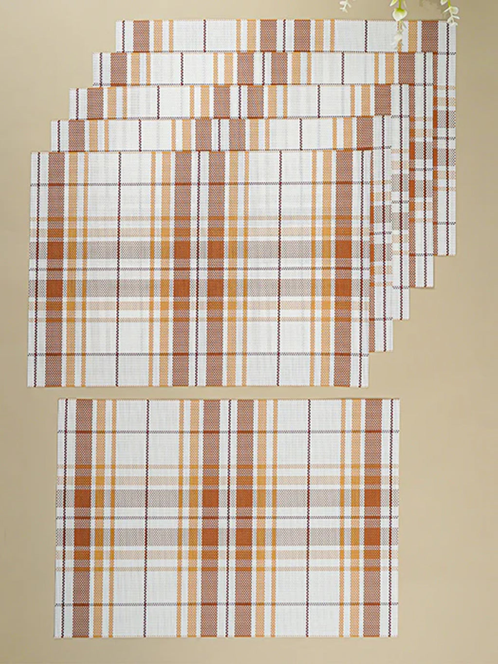 Brown & White Plaid Table Mat with Textured Weave
