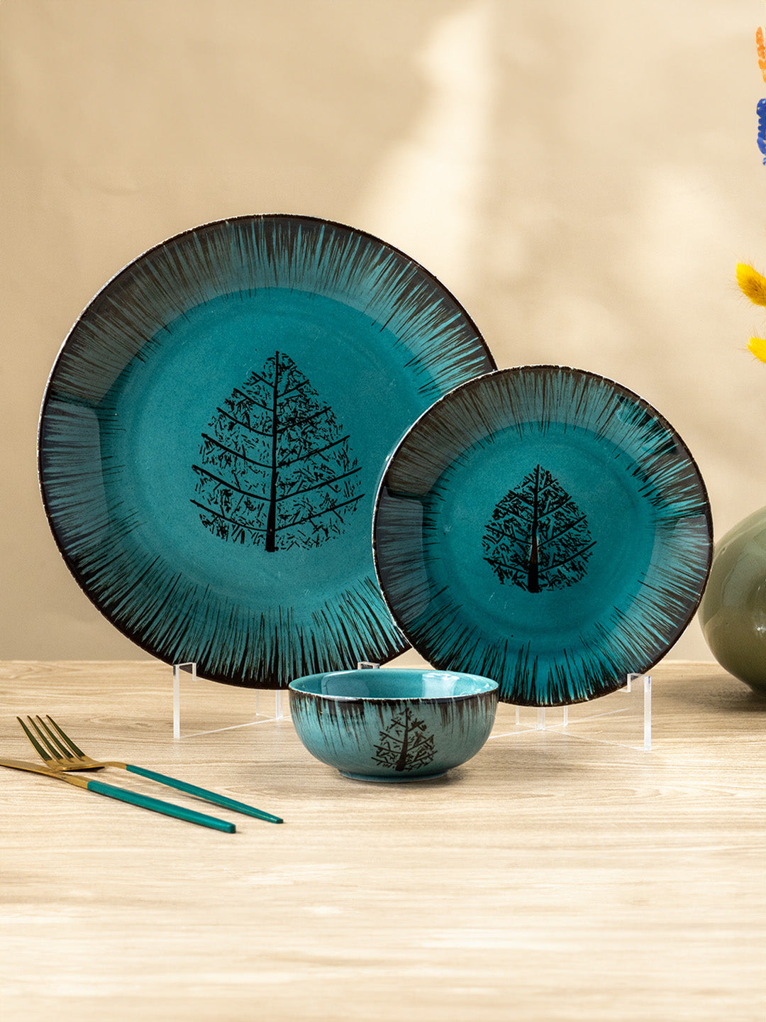 Ceramic Dinner Set with Black Tree Motif - Set of 18