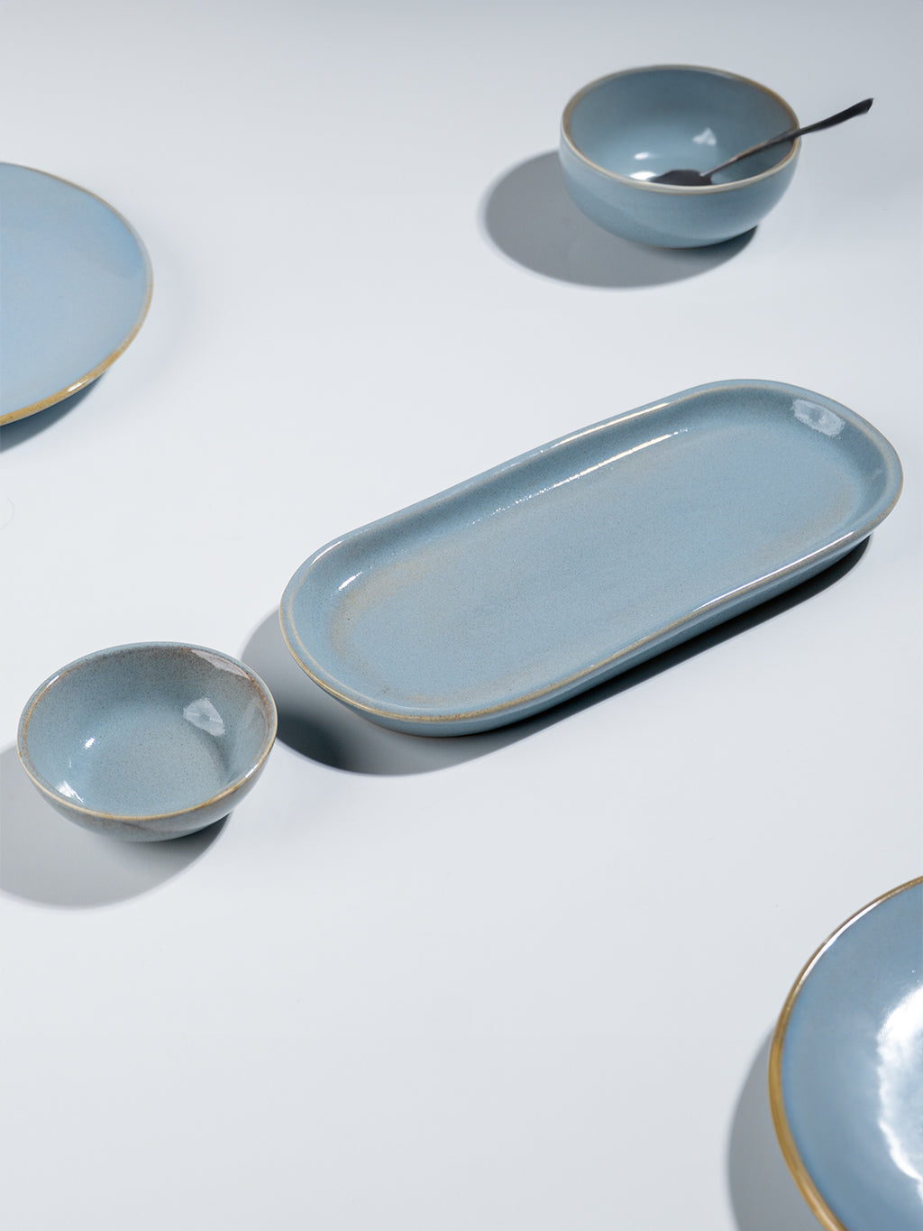Light Blue Ceramic Dinner Set with Rustic Gold Rim Finish - Set of 19