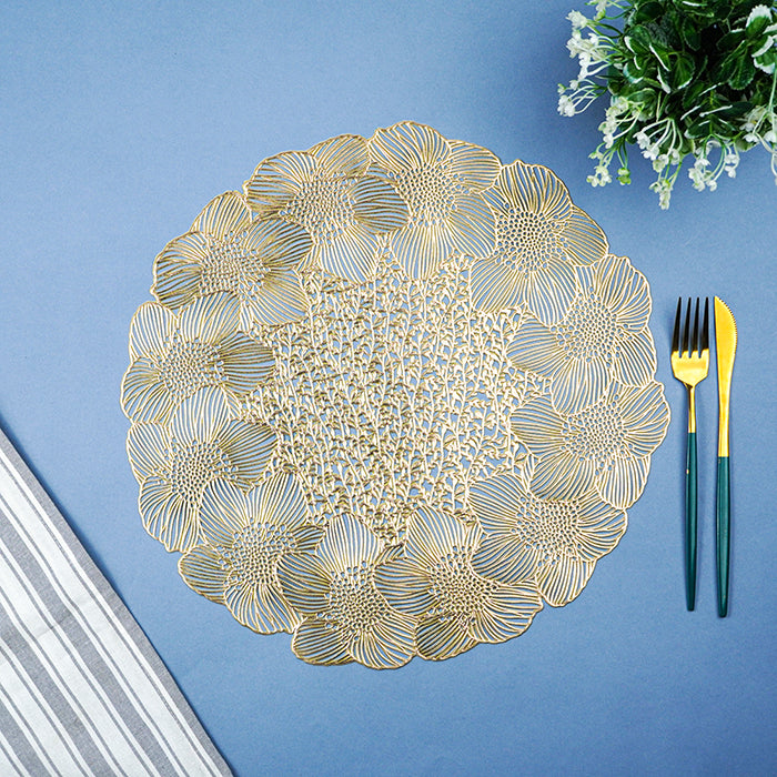 Gold Floral Cutout Table Mat with Lace-Like Bloom Pattern