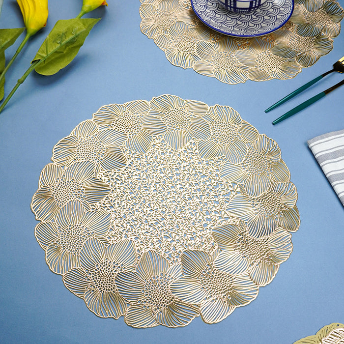 Gold Floral Cutout Table Mat with Lace-Like Bloom Pattern