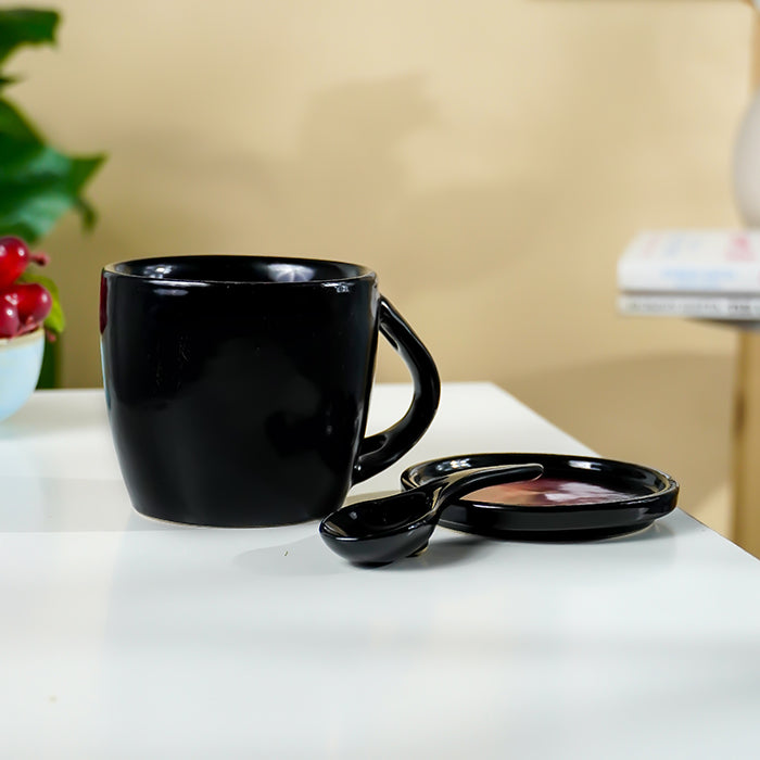 Black Ceramic Mug Set with Lid and Spoon