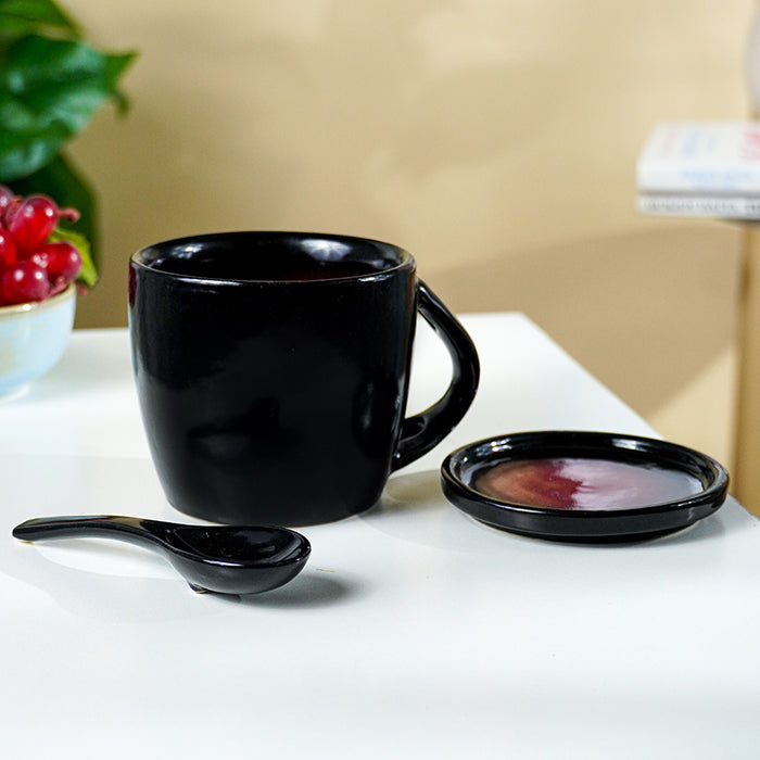 Black Ceramic Mug Set with Lid and Spoon