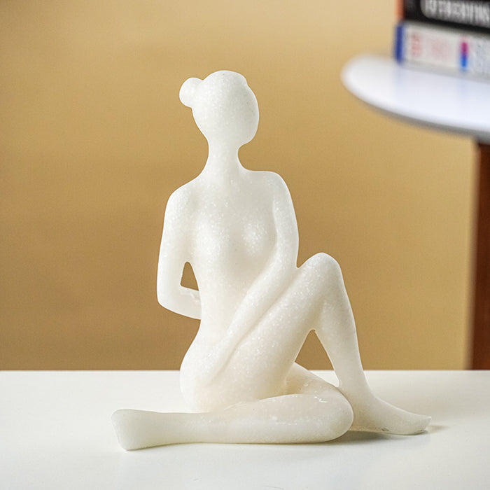 White Marble-Finish Sitting Woman Figurine