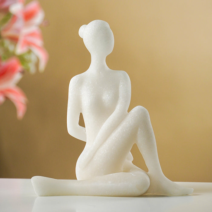White Marble-Finish Sitting Woman Figurine