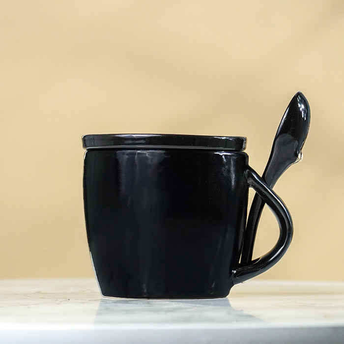 Black Ceramic Mug Set with Lid and Spoon