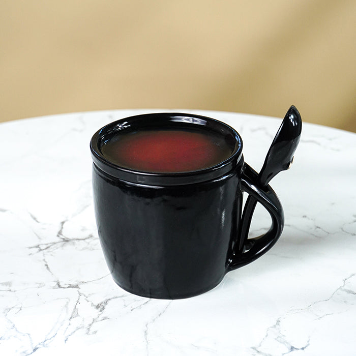Black Ceramic Mug Set with Lid and Spoon