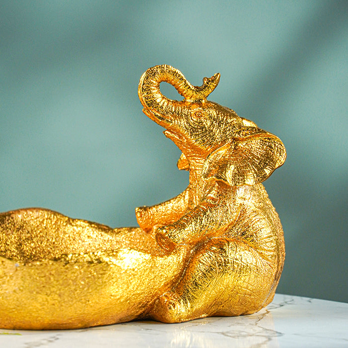 Gold Resin Elephant Trinket Bowl with Textured Finish