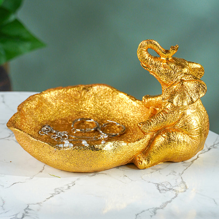 Gold Resin Elephant Trinket Bowl with Textured Finish