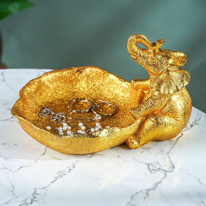 Gold Resin Elephant Trinket Bowl with Textured Finish