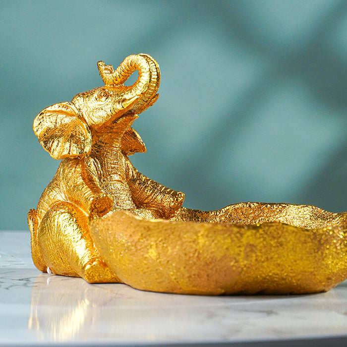 Gold Resin Elephant Trinket Bowl with Textured Finish