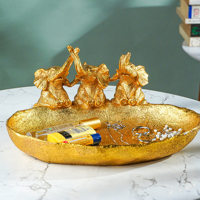 Gold Resin Elephant Trio Decorative Tray with Textured Finish