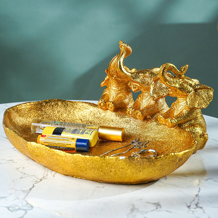 Gold Resin Elephant Trio Decorative Tray with Textured Finish