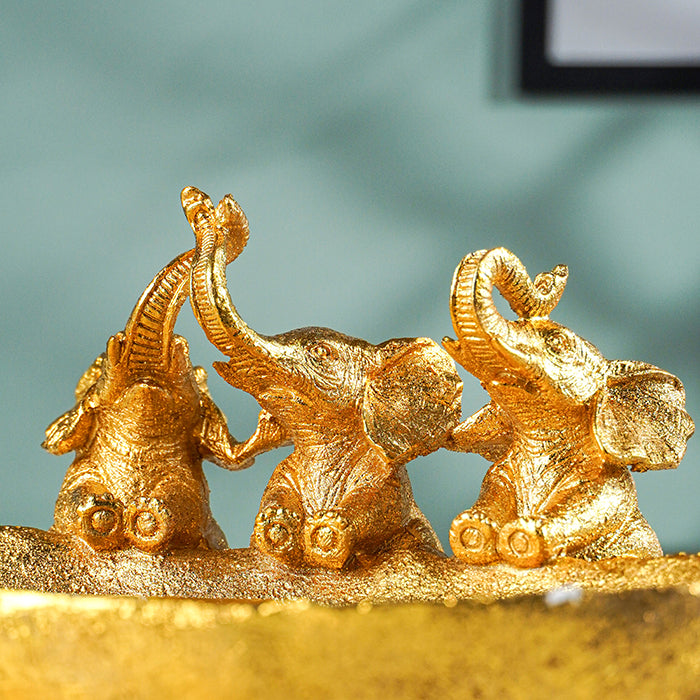 Gold Resin Elephant Trio Decorative Tray with Textured Finish