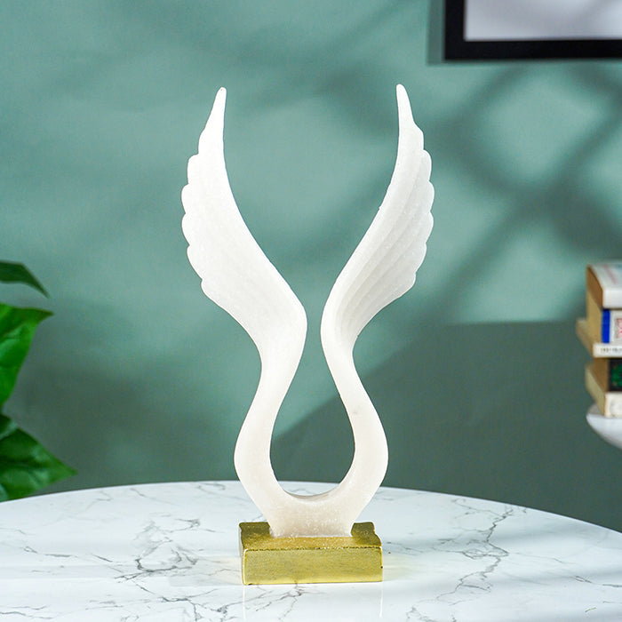White Marble-Finish Angel Wing Sculpture with Gold Base