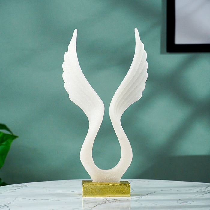 White Marble-Finish Angel Wing Sculpture with Gold Base