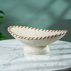 Off-White Resin Fruit Bowl with Handwoven Rim Accent