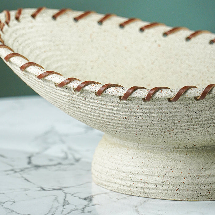 Off-White Resin Fruit Bowl with Handwoven Rim Accent