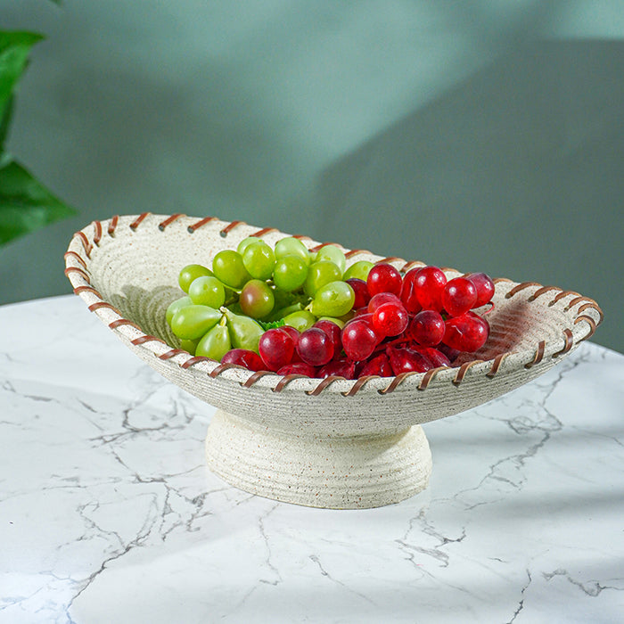 Off-White Resin Fruit Bowl with Handwoven Rim Accent