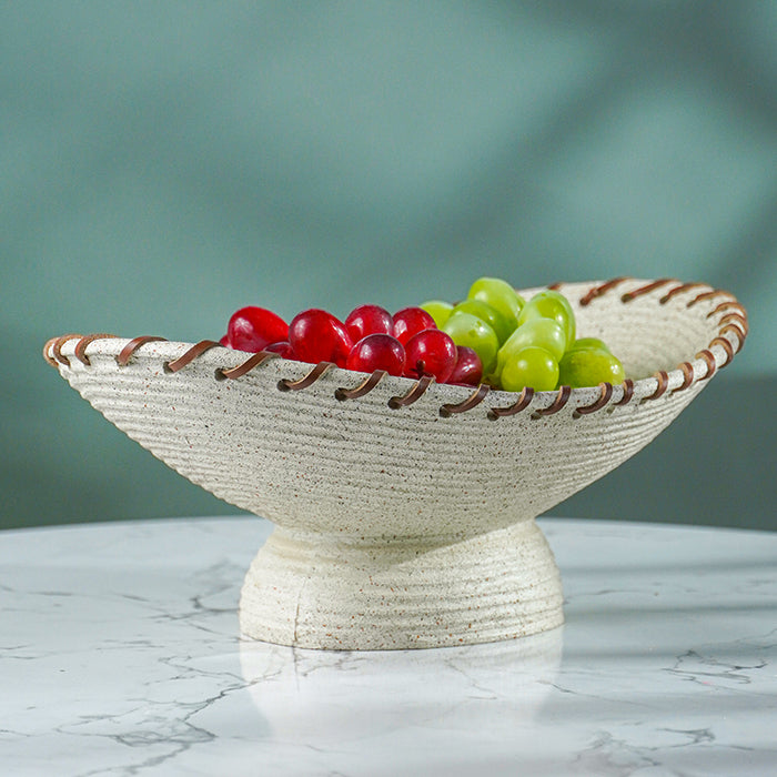 Off-White Resin Fruit Bowl with Handwoven Rim Accent