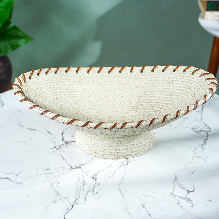 Off-White Resin Fruit Bowl with Handwoven Rim Accent