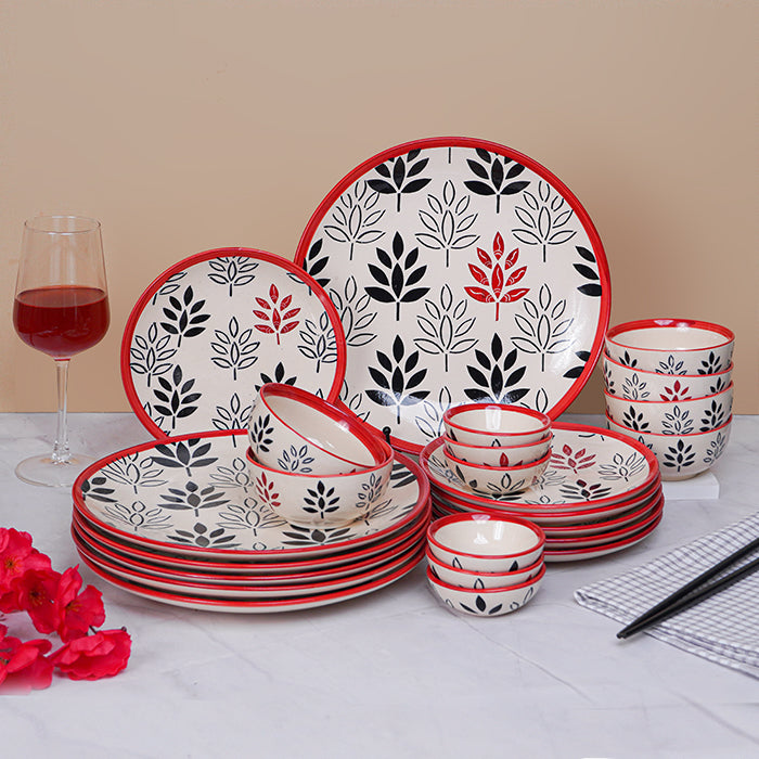 White and Red Ceramic Dinnerware - Set of 24