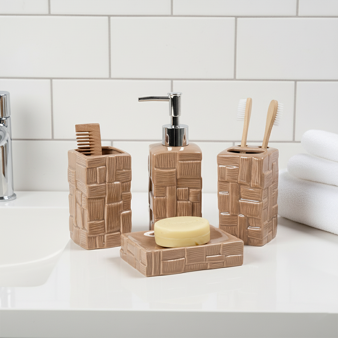 Brown Textured Ceramic Bathroom Set of 4