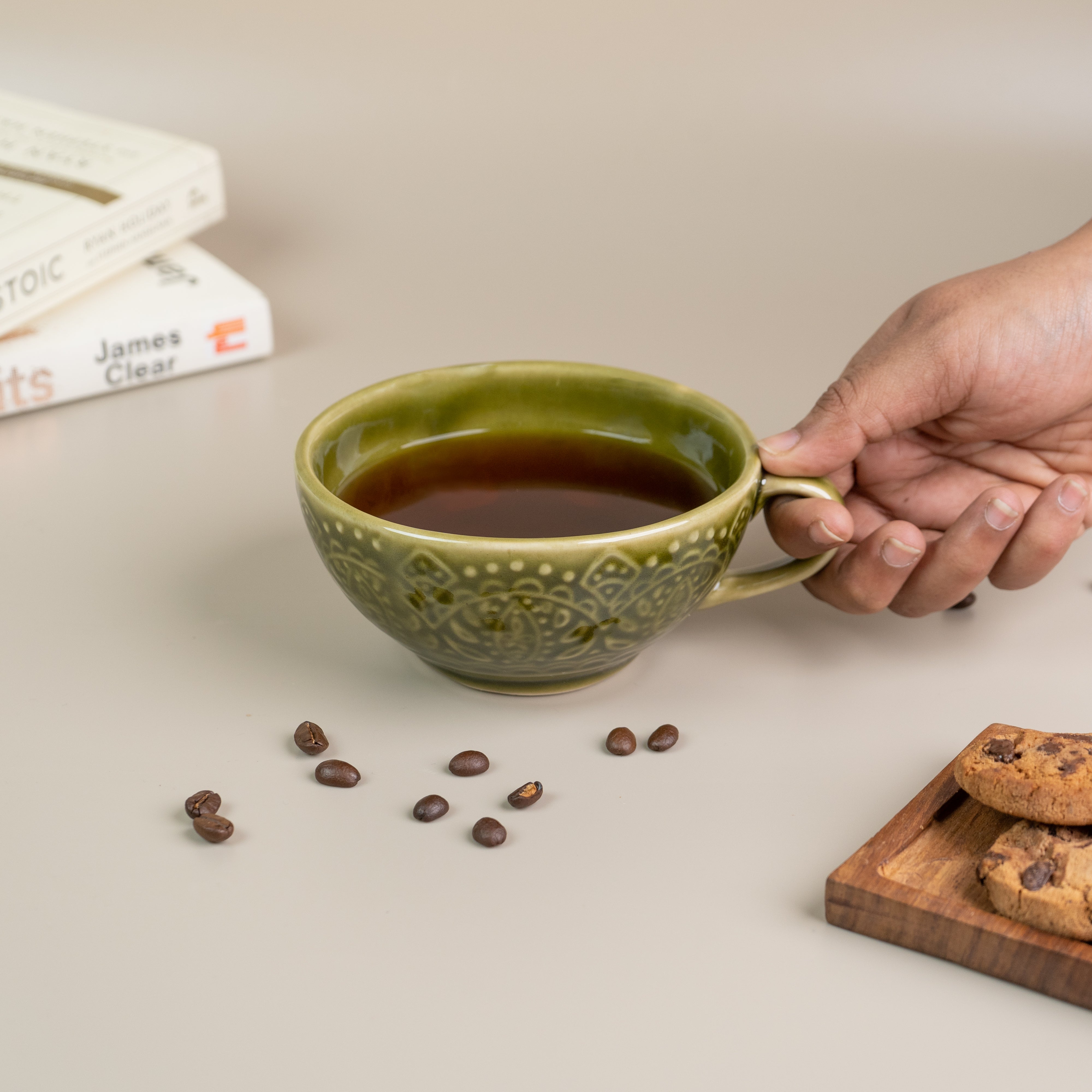 Green Ceramic Latte Mugs with Design