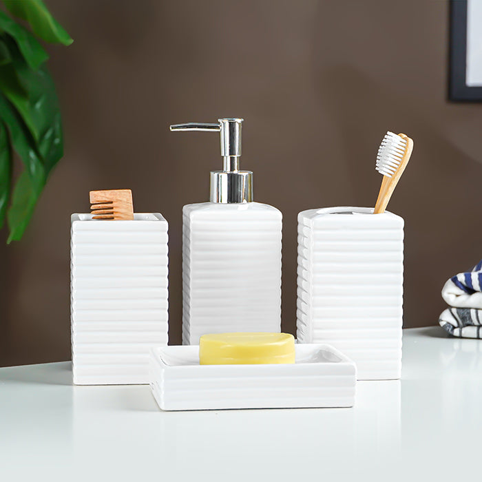 White Ribbed Ceramic Bathroom Set of 4 Main image