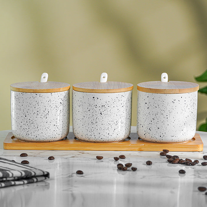 White Canister Set with Bamboo Lids and Tray - Set of 3 Main image