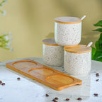 White Canister Set with Bamboo Lids and Tray - Set of 3