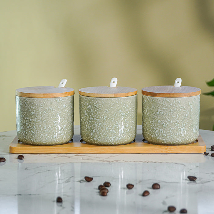 Green Textured Canister Set with Bamboo Lids and Tray Set of 3 Main image
