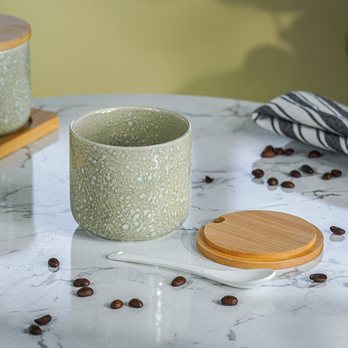 Green Textured Canister Set with Bamboo Lids and Tray Set of 3