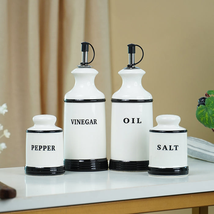 Minimalist White Cruet Set – 4-Piece Oil, Vinegar, Salt & Pepper