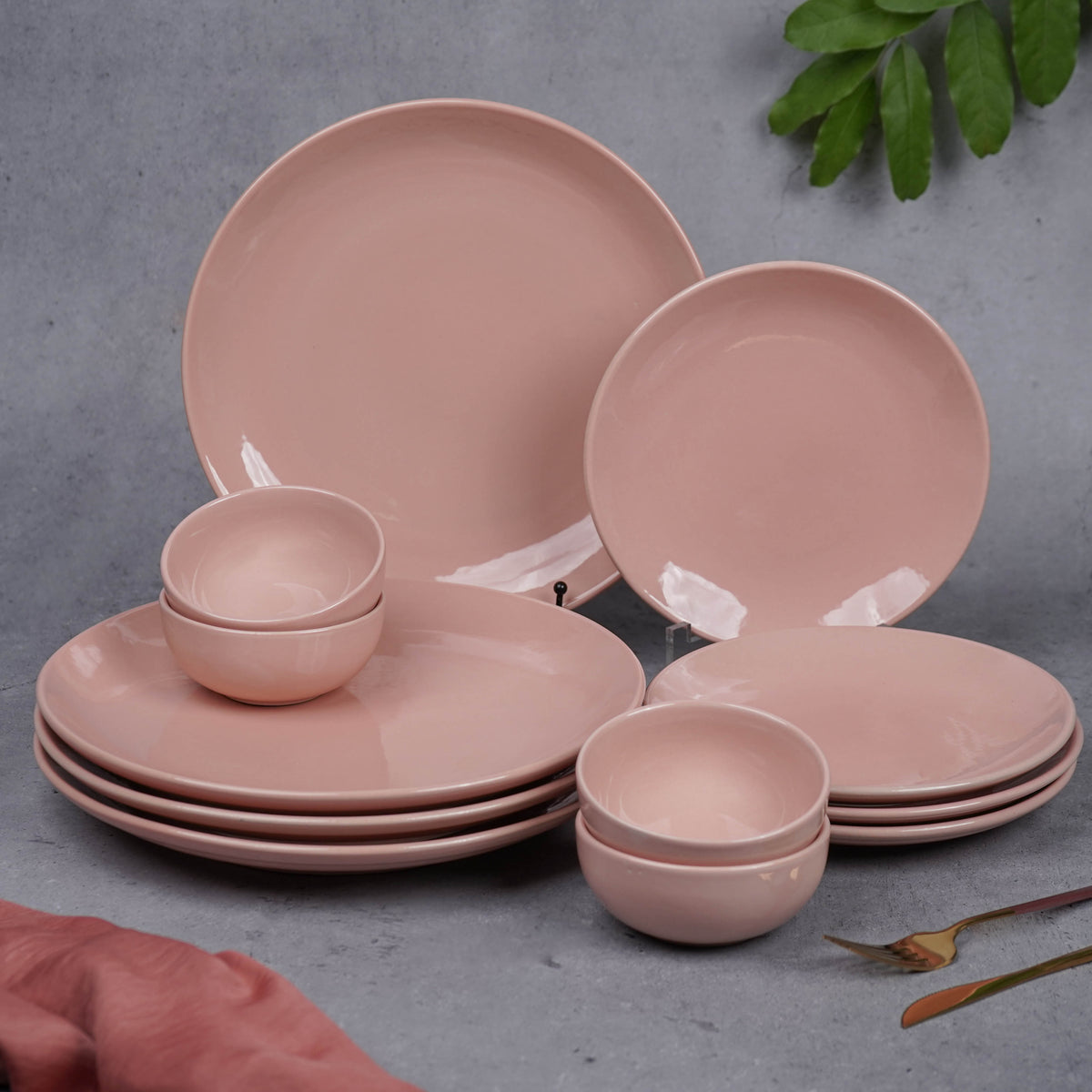 Pink Ceramic Dinner Set (Set of 12)