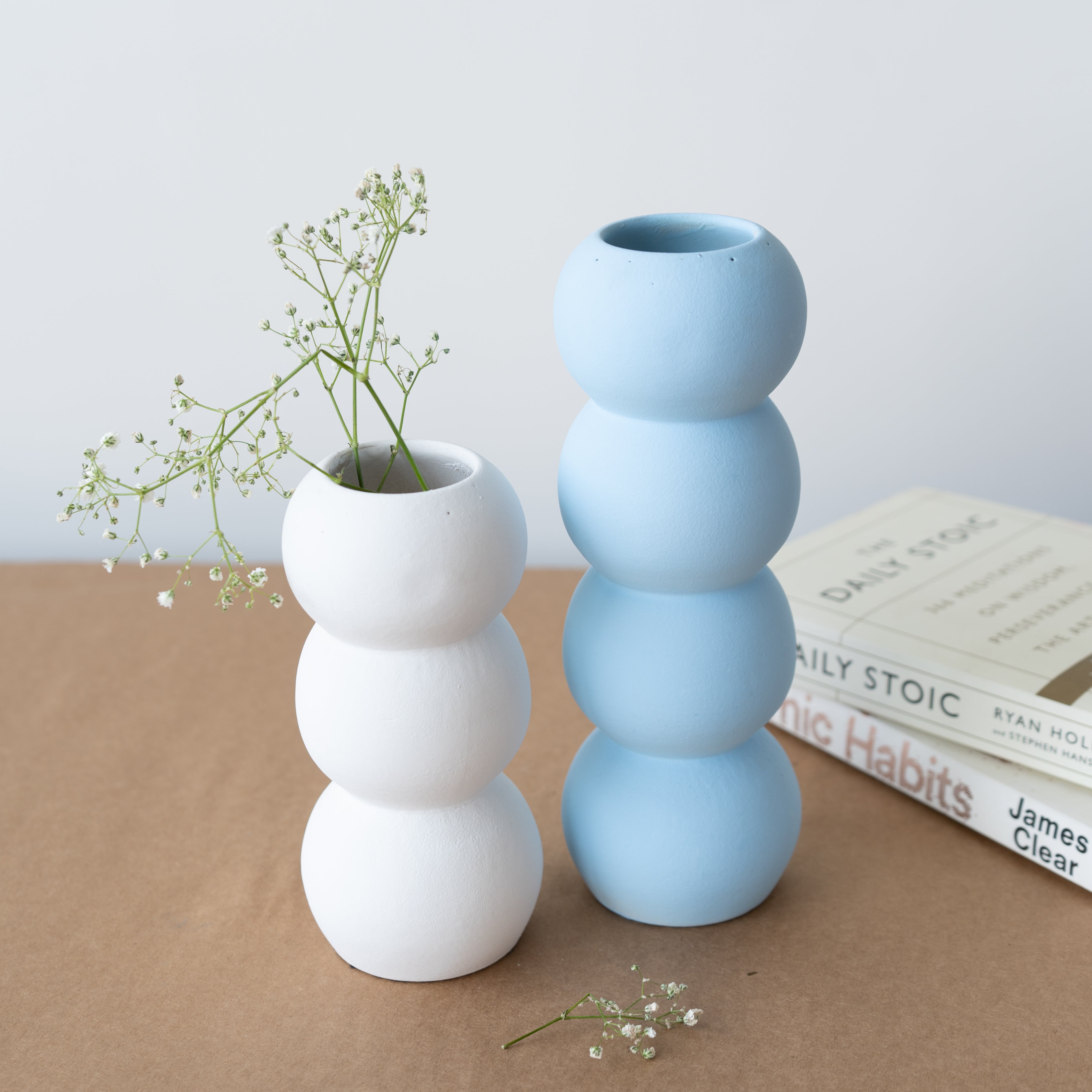 Set of Blue and White Ceramic Aesthetic Stacked Vase