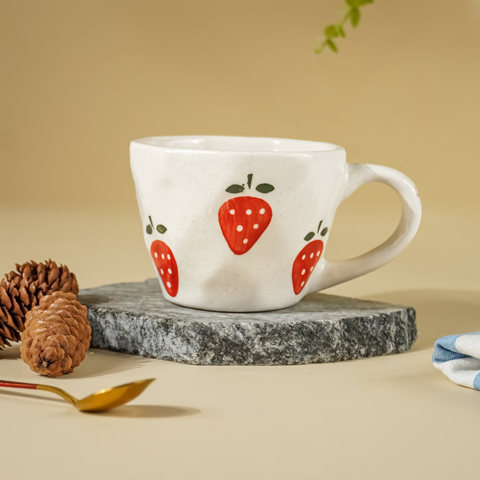 Elegant White Ceramic Cup & Saucer Set with Strawberry Print