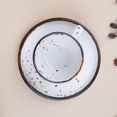 White Ceramic Espresso Cup and Saucer with Black Dots | Set of 2