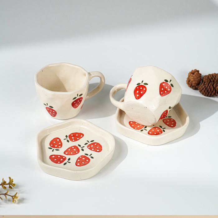 Elegant White Ceramic Cup & Saucer Set with Strawberry Print