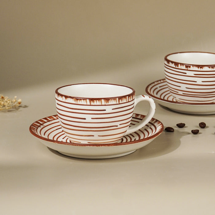 White Ceramic with Brown Spiral Cup and Saucer Set