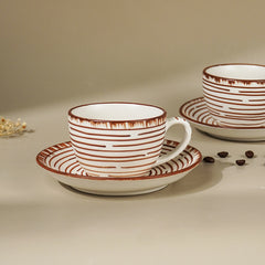 White Ceramic with Brown Spiral Cup and Saucer Set