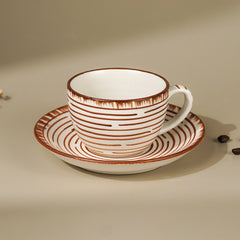 White Ceramic with Brown Spiral Cup and Saucer Set
