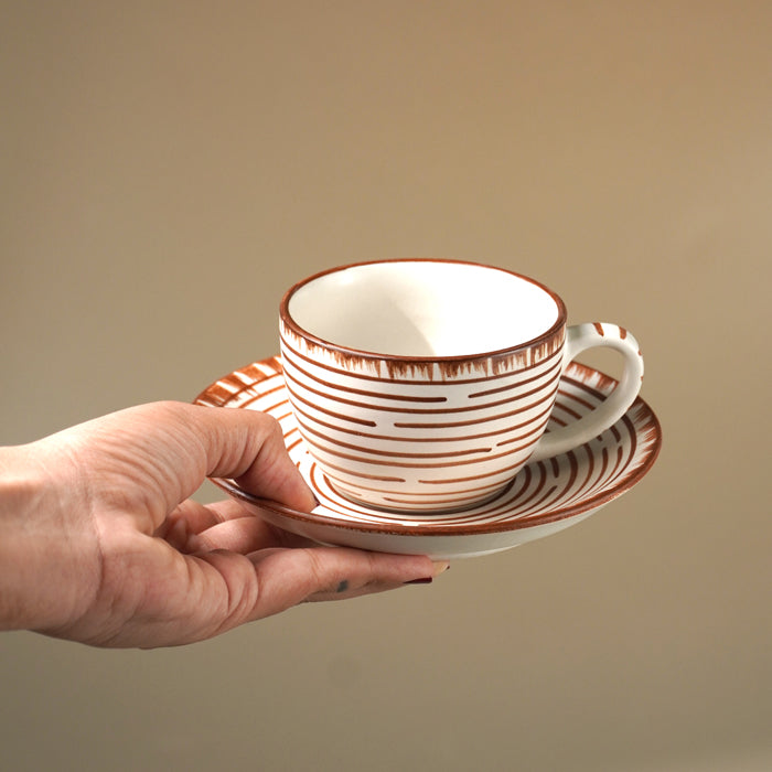 White Ceramic with Brown Spiral Cup and Saucer Set