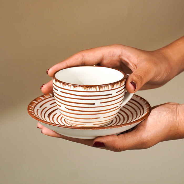 White Ceramic with Brown Spiral Cup and Saucer Set