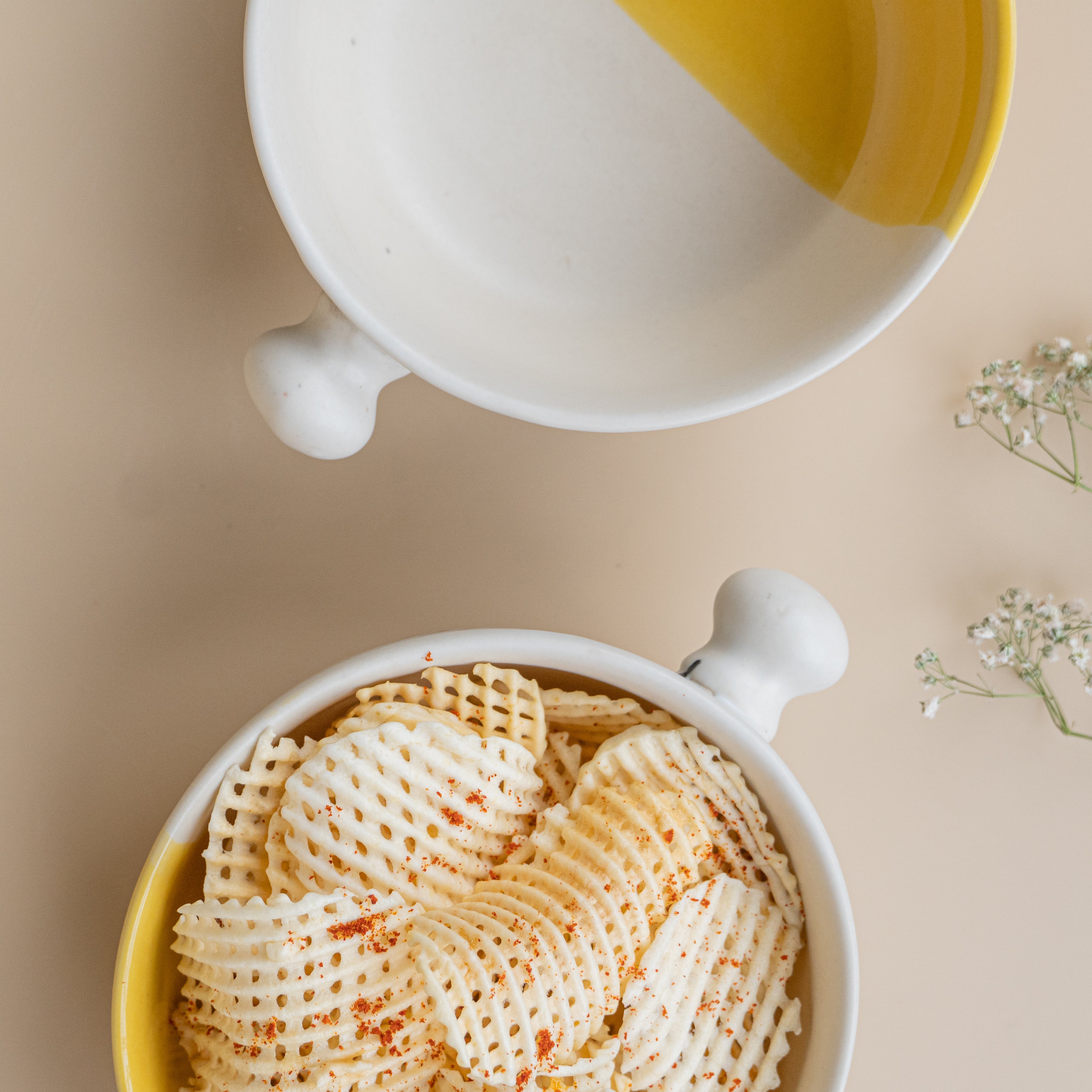 Yellow-White Ceramic Serene Elegance Serving Bowl | Set of 2