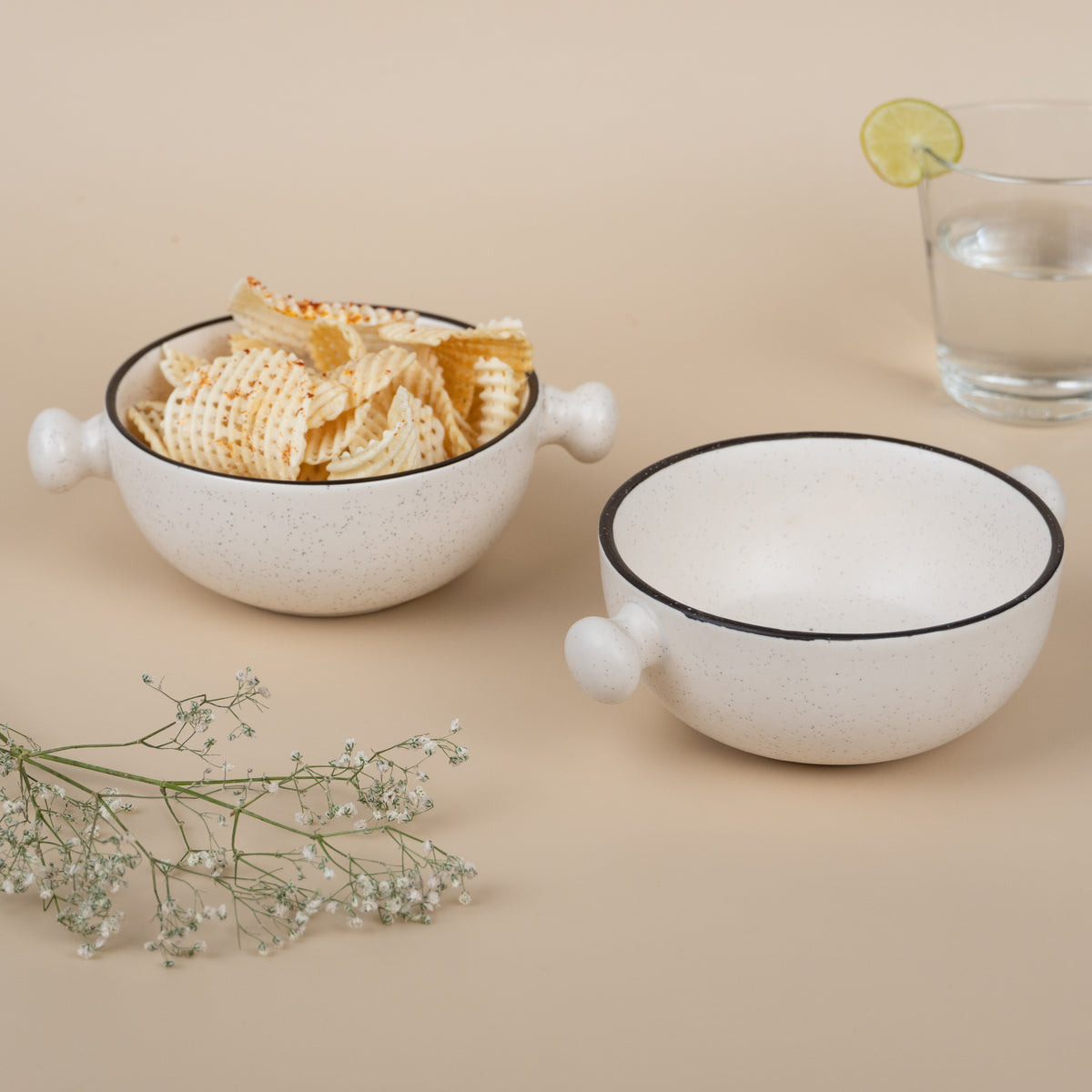 White Ceramic Serving Bowl with Black Border | Set of 2