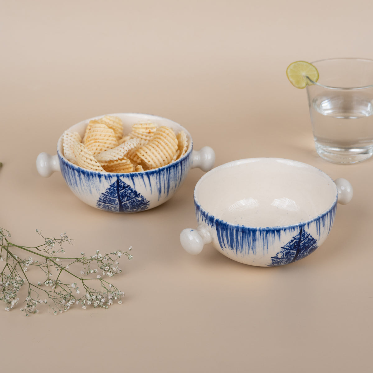 Blue Ceramic Serving Bowl with Handle | Set of 2