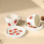 Elegant White Ceramic Cup & Saucer Set with Strawberry Print