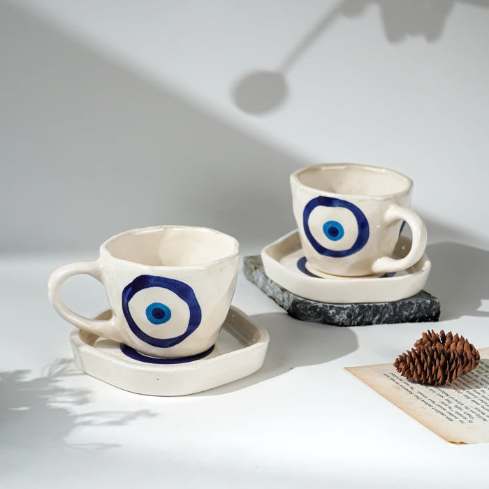 Blue Evil Eye Hand White Cup & Saucer Set